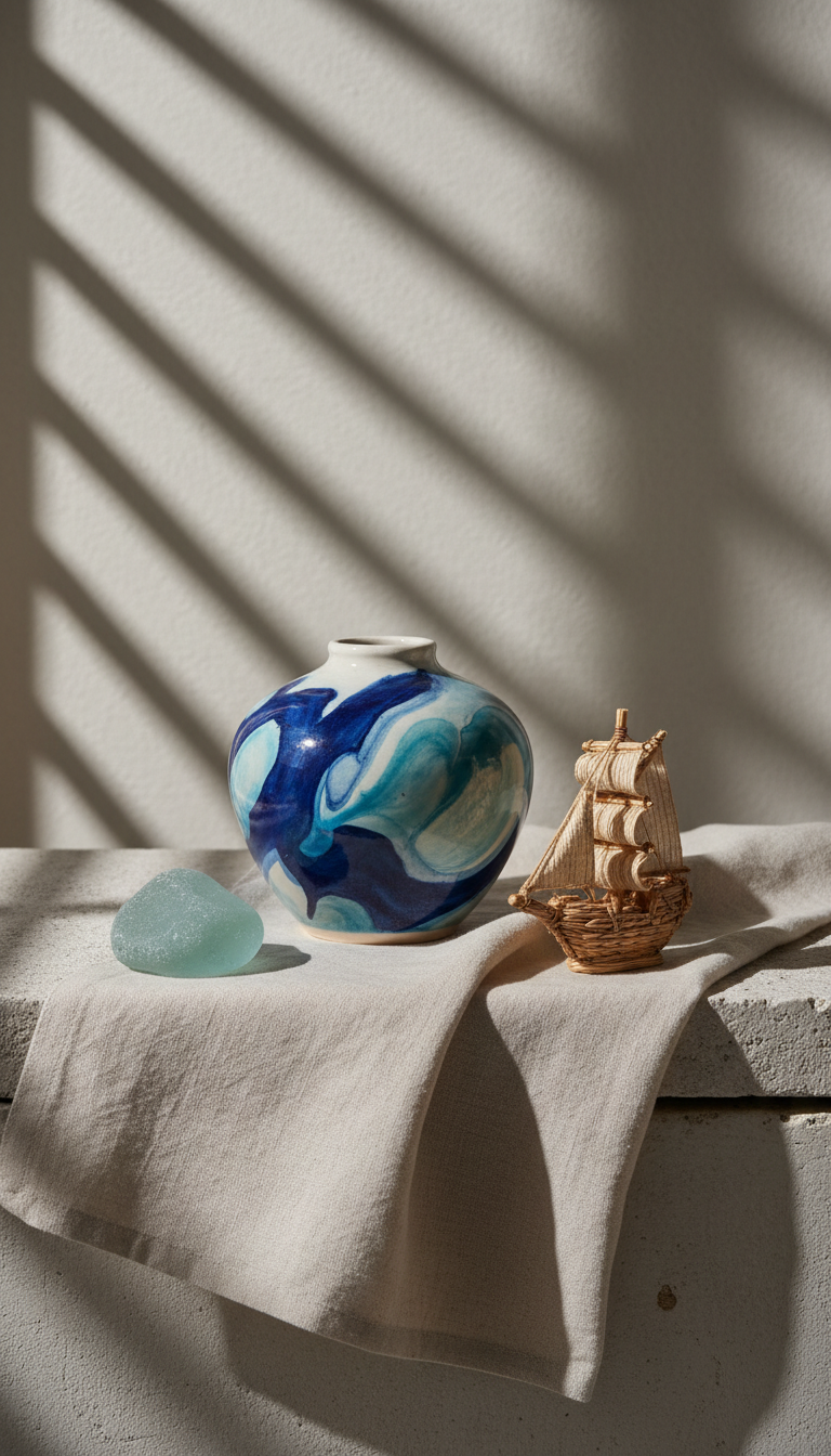 A curated still life of locally crafted souvenirs: a smooth, hand-painted ceramic vase with abstract oceanic patterns, an intricately woven straw miniature ship, and a piece of polished beach glass, all arranged on a pale linen runner draped over a lightly textured stone slab. Soft overcast daylight filters through nearby window shutters, creating delicate gradients and enhancing the muted color palette. The carefully centered composition, captured with sharp focus throughout, evokes cultural authenticity and sophistication, aligning with the site’s appreciation for thoughtful, memorable travel experiences.