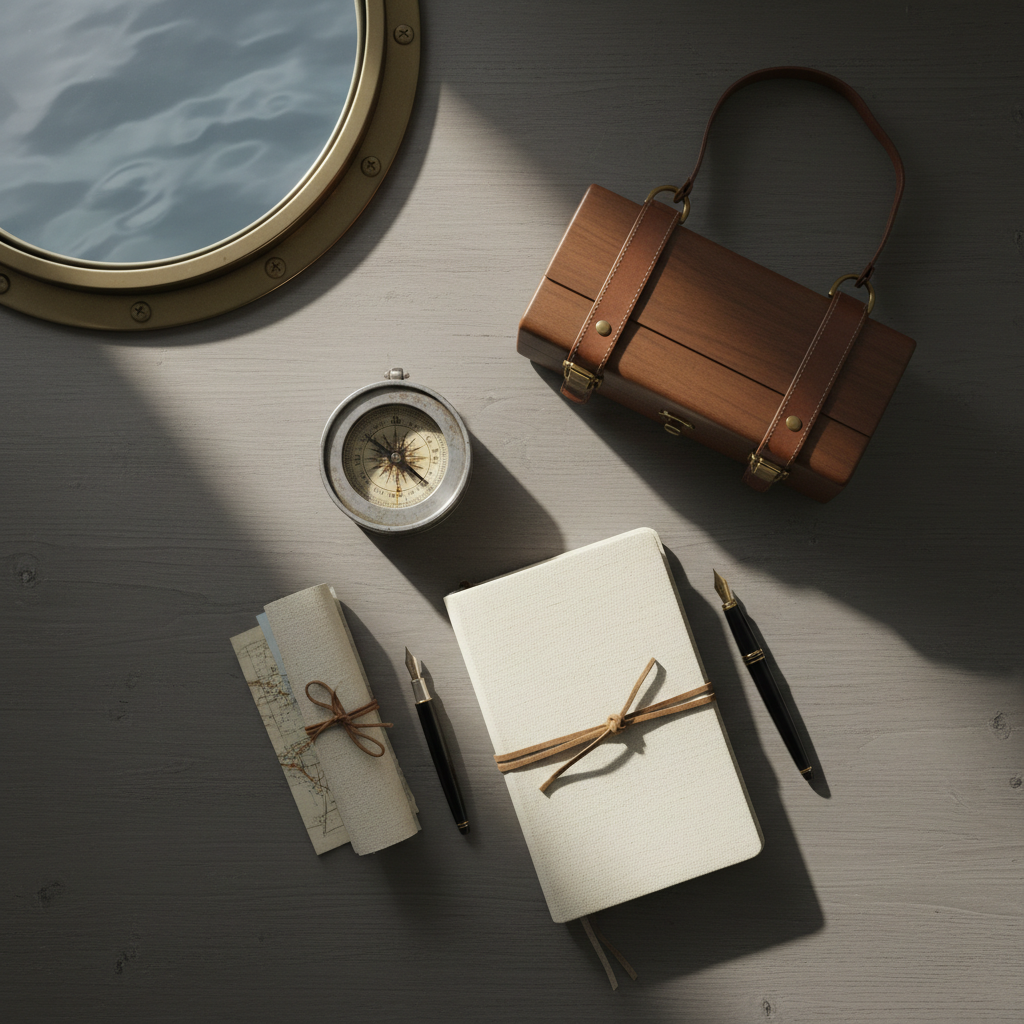 A delicate arrangement of nautical navigation tools including a brushed-metal compass, a polished walnut binocular case, and a cream-toned travel journal with textured cover, neatly placed atop a matte, driftwood-gray table. The ensemble is positioned near a sunlit porthole casting subtle, natural light, which creates soft shadows and nuanced highlights on each object’s surface. The setting exudes quiet anticipation and thoughtful preparation for travel. Captured from a top-down, bird’s eye view with careful spacing and minimalist composition, the image maintains an air of understated sophistication, supporting the site’s focus on authentic, meaningful journeys.
